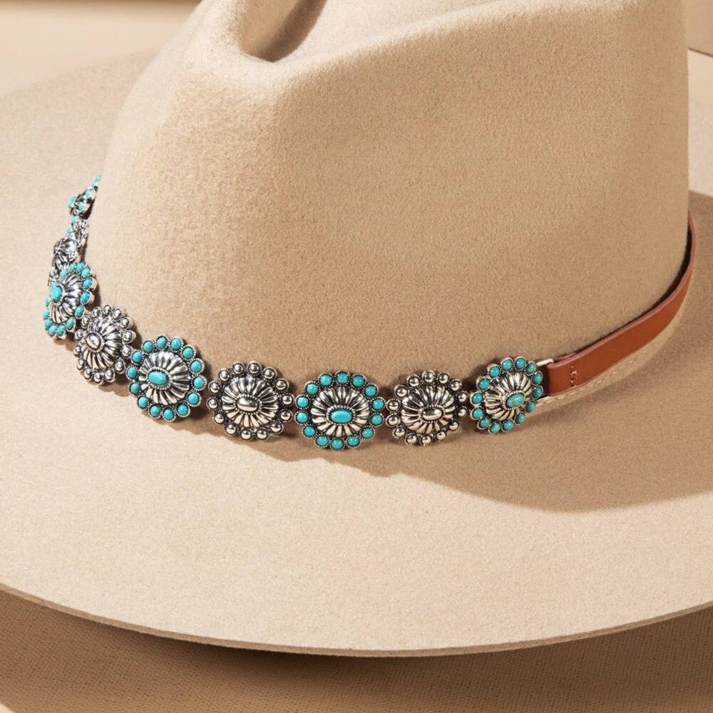 Navajo-Style Concho Hat Band — Turquoise Stone & Metal